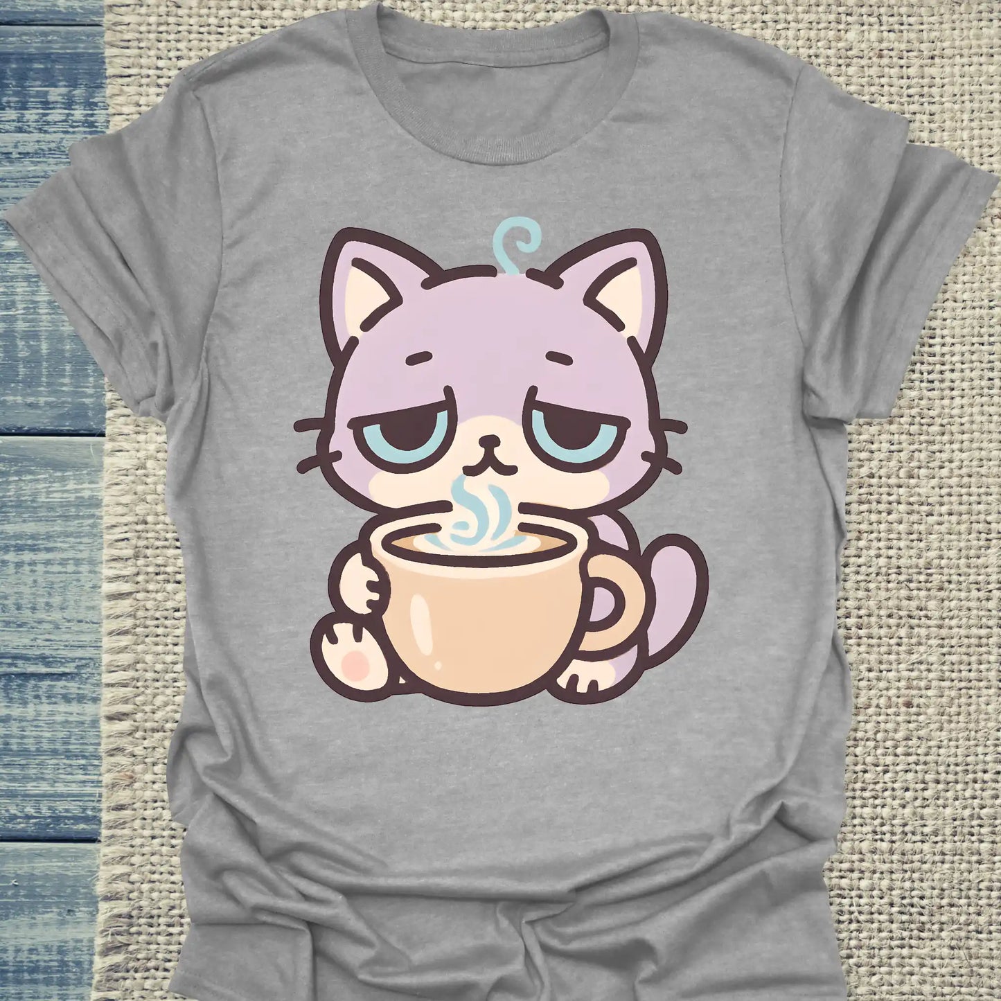 T-Shirt - Müde Katze mit Kaffee - Unisex - Katze & Kaffee Grau