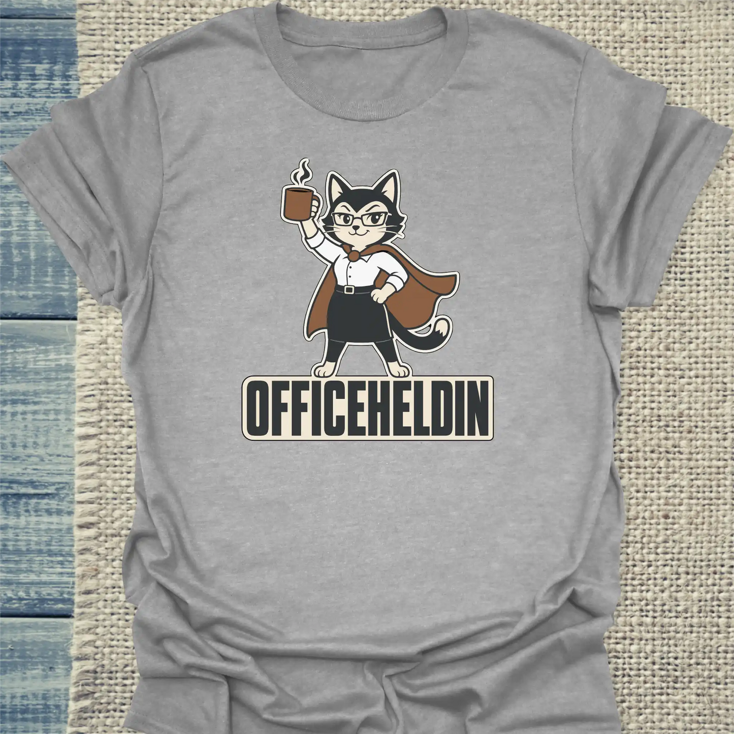 T-Shirt - Officeheldin - Unisex - Katze & Kaffee Grau