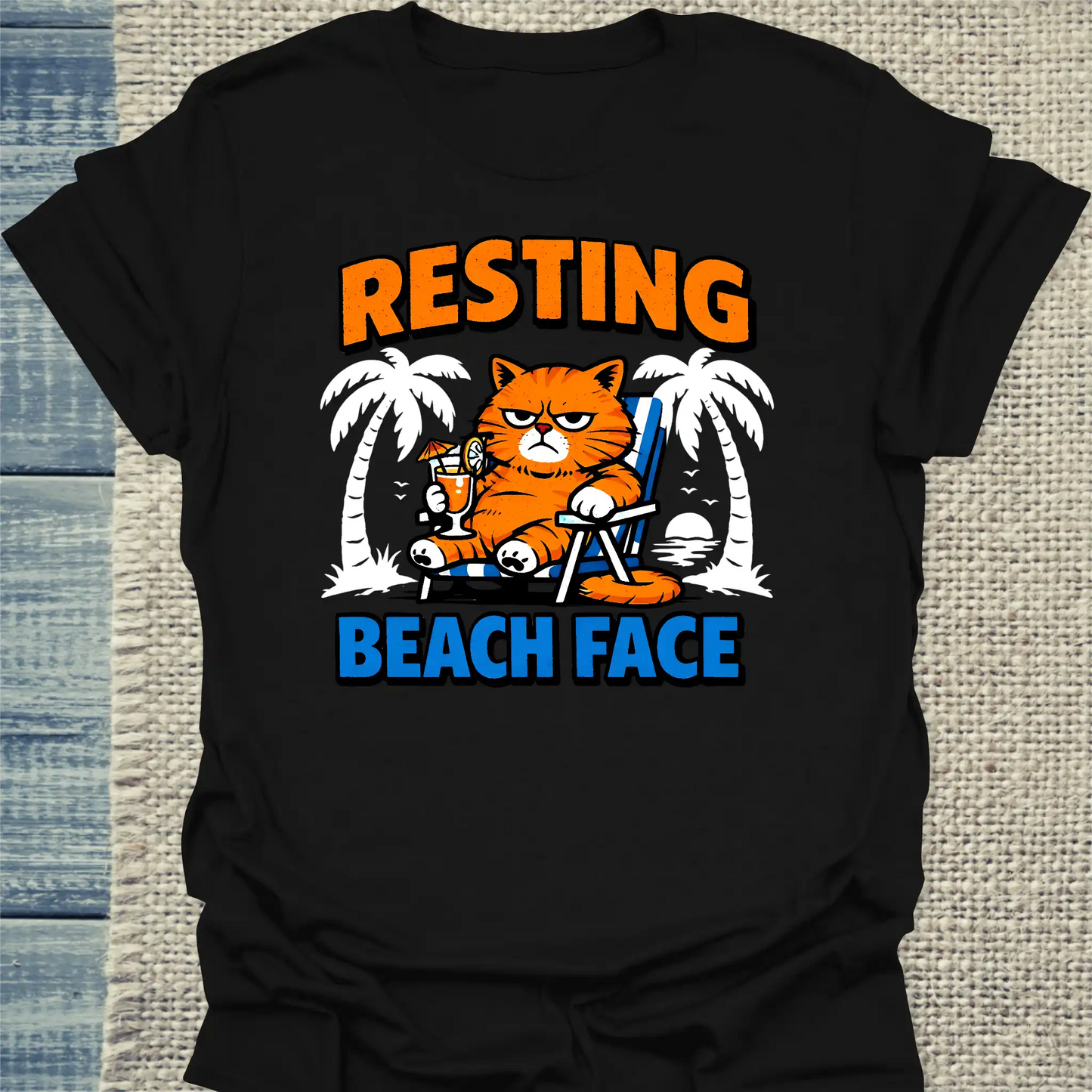 T-Shirt - Resting Beach Face - Unisex - Katze, Sommer Schwarz
