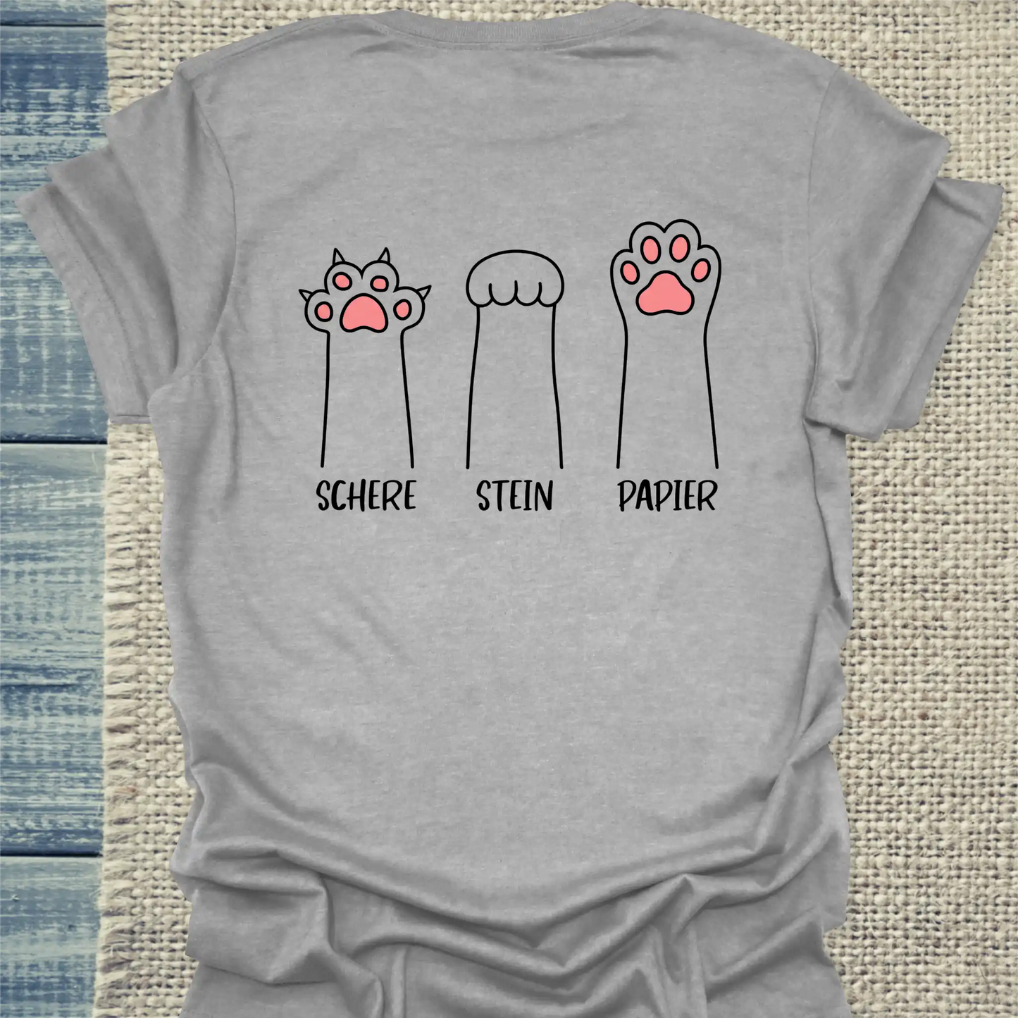 T-Shirt - Schere Stein Papier - Rücken - Unisex - Katze Grau