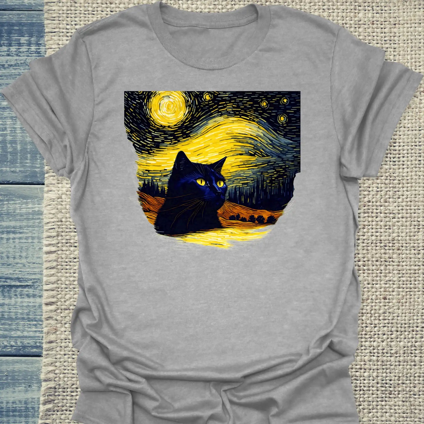 T-Shirt - Schwarze Katze im Abendhimmel - Unisex - Katze Grau