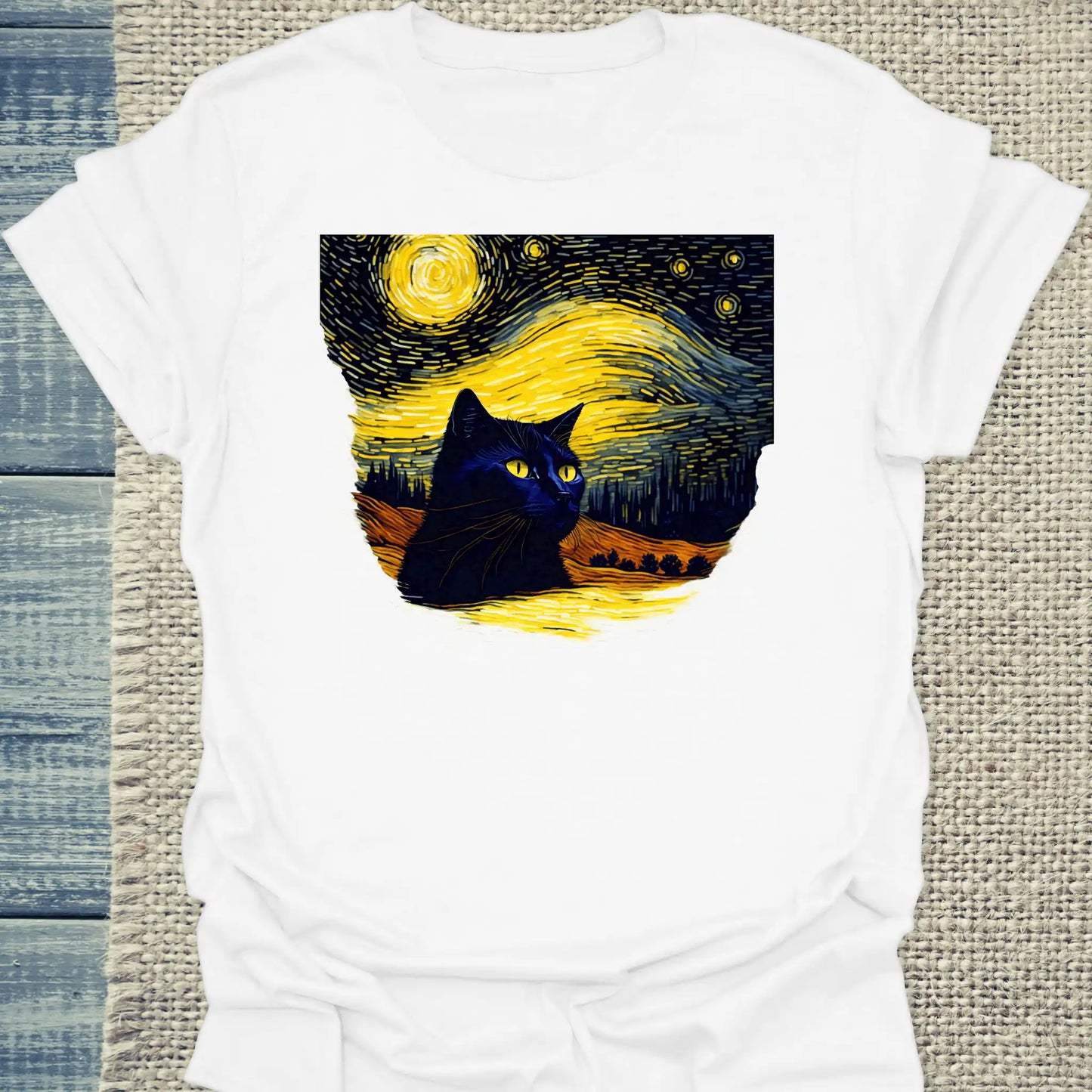 T-Shirt - Schwarze Katze im Abendhimmel - Unisex - Katze Weiß