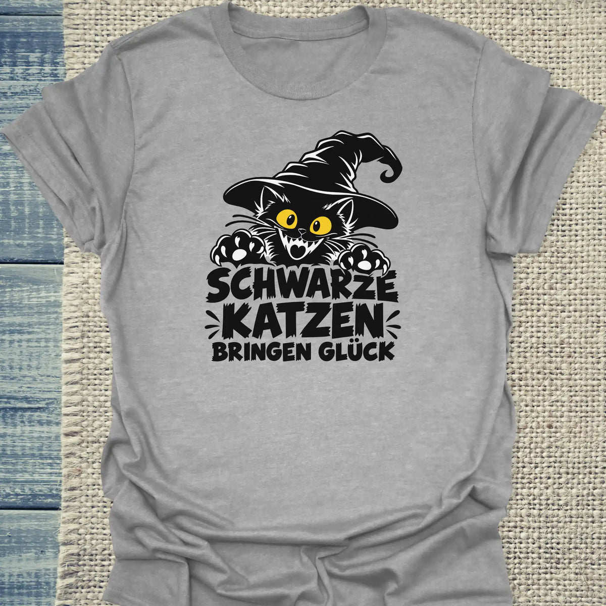 T-Shirt - Schwarzes Glück - Unisex - Katze, Halloween Grau