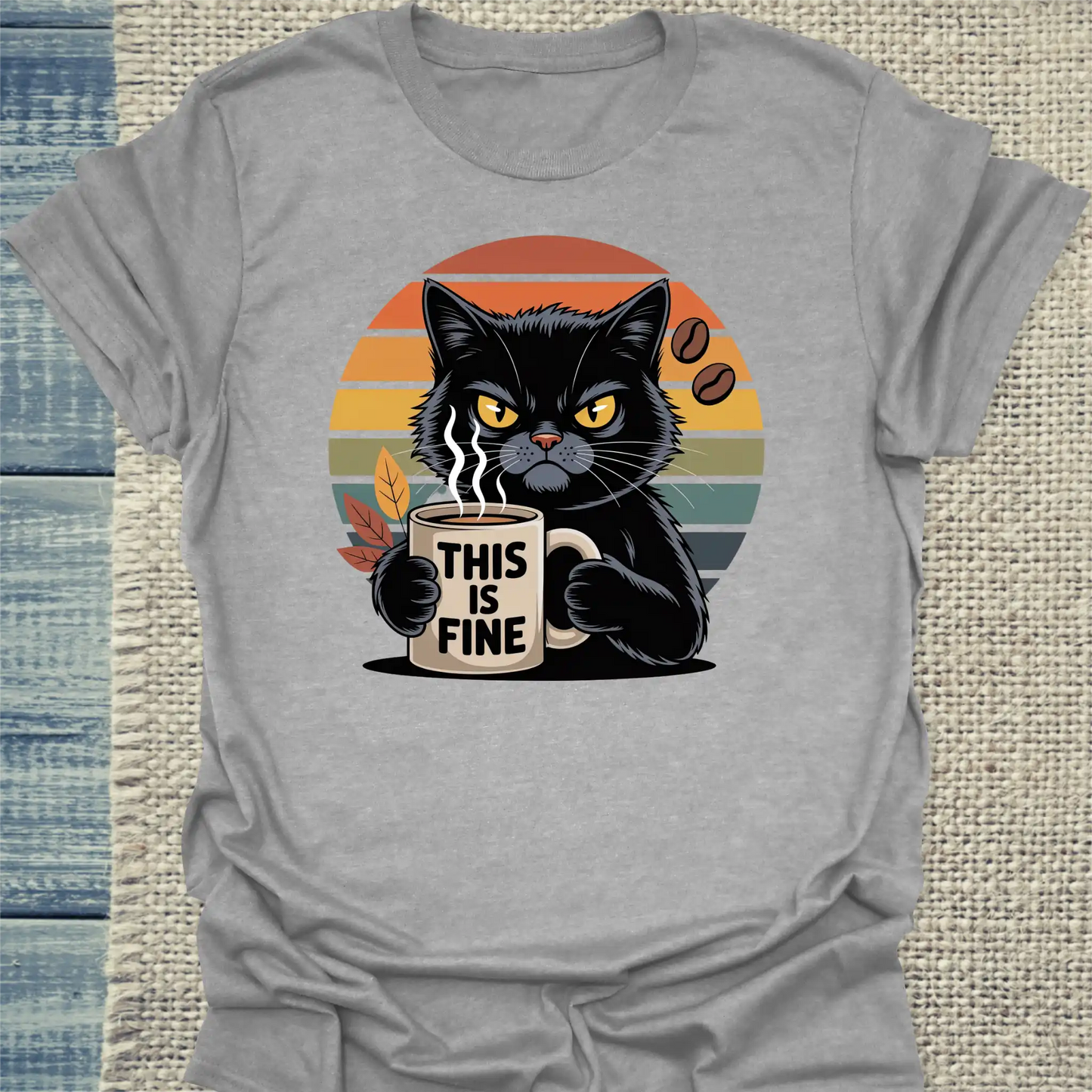 T-Shirt - This is Fine - Unisex - Katze & Kaffee Grau
