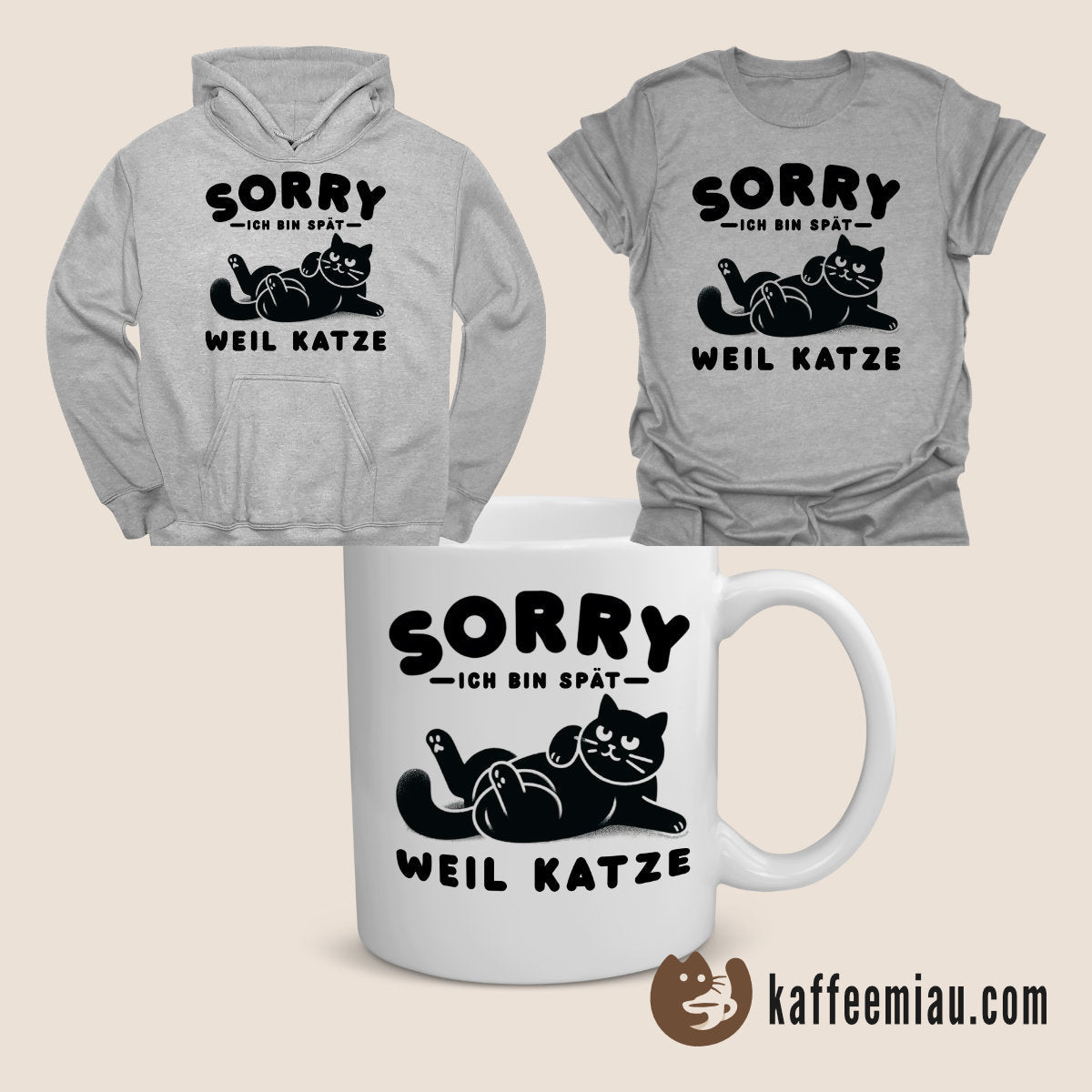 Graues T-Shirt mit einer schwarzen Katzenillustration und deutschem Text. Auf der rechten Seite wird ein Werbetext über T-Shirts aus Bio-Baumwolle mit Katzenmotiven angezeigt, mit einem Link zur Website kaffeemiaou.com.