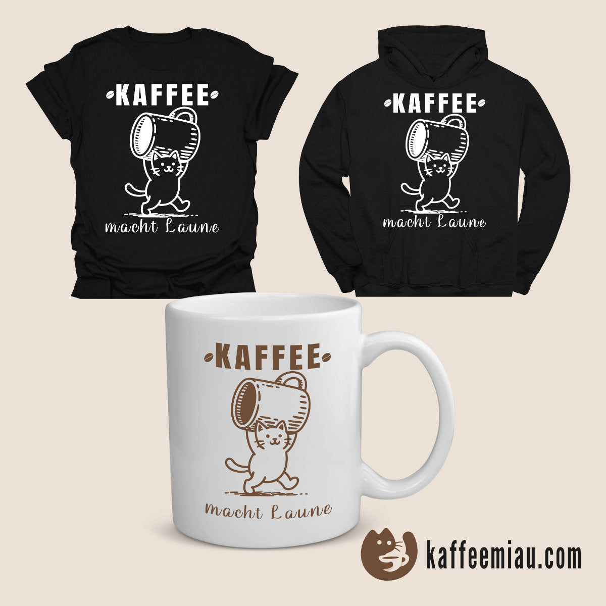 Das Bild zeigt einen Hoodie, ein T-Shirt und eine Tasse mit einer schwarzen Katze und dem Text "Sorry - ich bin spät... weil Katze." Der Text auf der rechten Seite hebt Geschenkoptionen von kaffeemiau.com hervor.