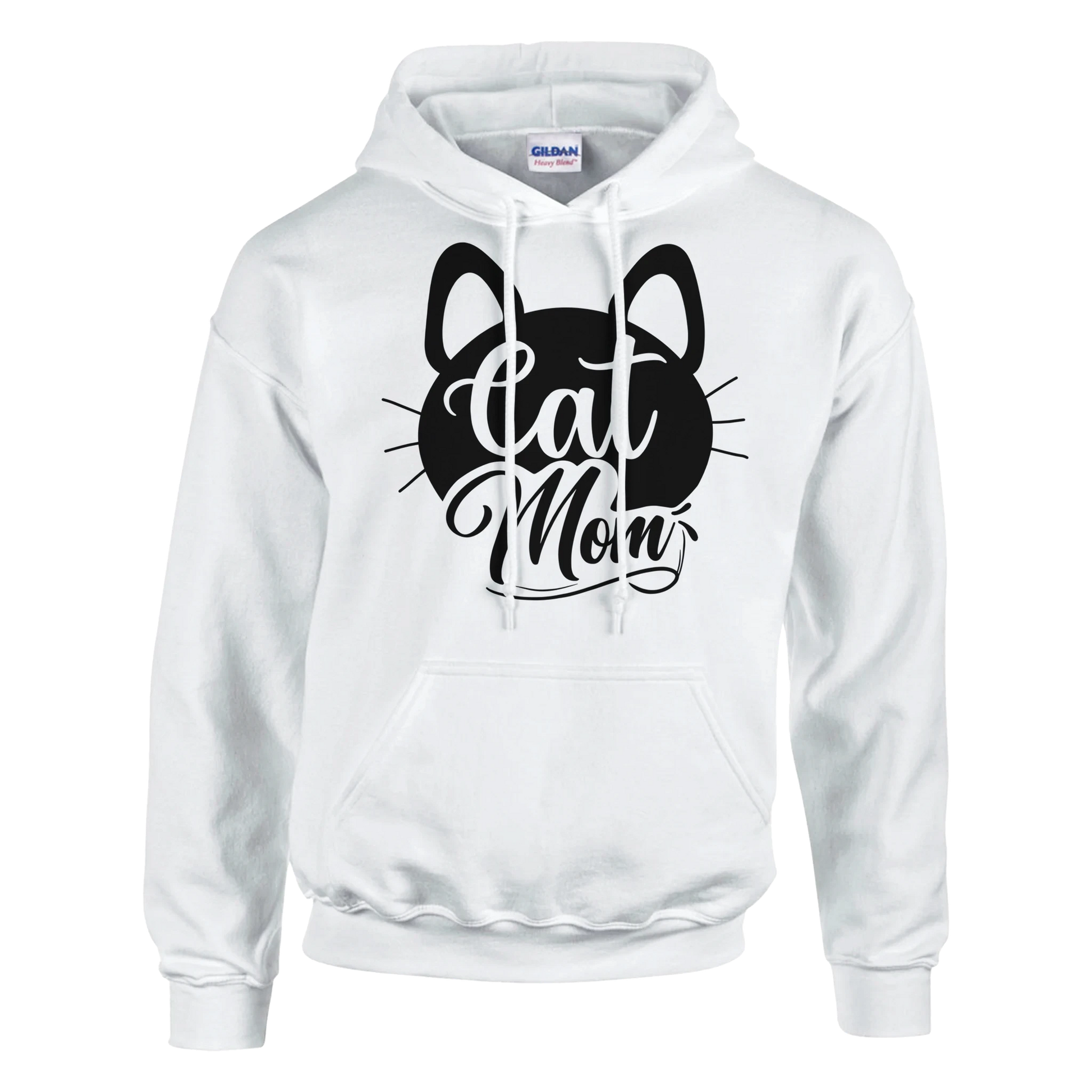 Der Cat Mom schnurr - Hoodie in Weiß ist ein kuscheliger Baumwollpullover mit einem auffälligen schwarzen Katzengesicht und dem Text "Cat Mom" auf der Vorderseite.