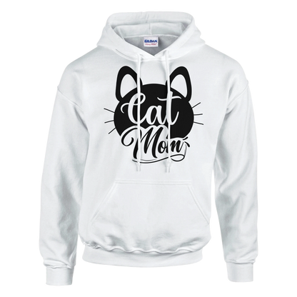 Der Cat Mom schnurr - Hoodie in Weiß ist ein kuscheliger Baumwollpullover mit einem auffälligen schwarzen Katzengesicht und dem Text "Cat Mom" auf der Vorderseite.