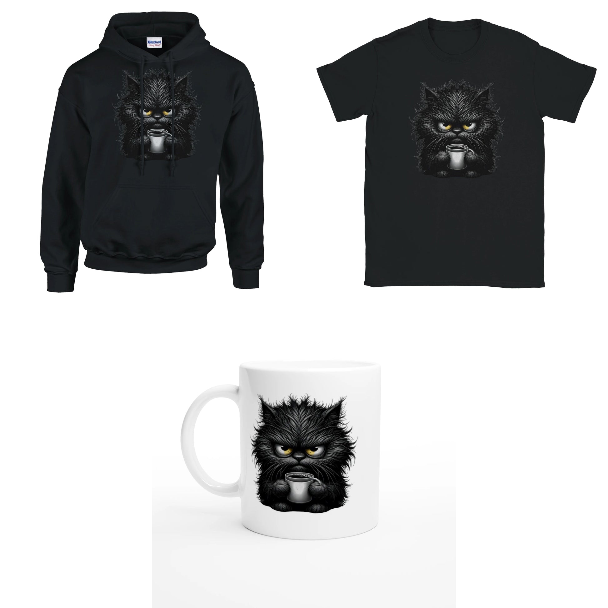 Bundle - Grantige Katze mit Kaffee - T-Shirt, Hoodie & Tasse