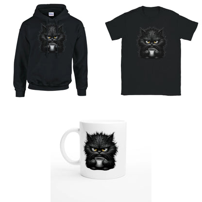 Bundle - Grantige Katze mit Kaffee - T-Shirt, Hoodie & Tasse