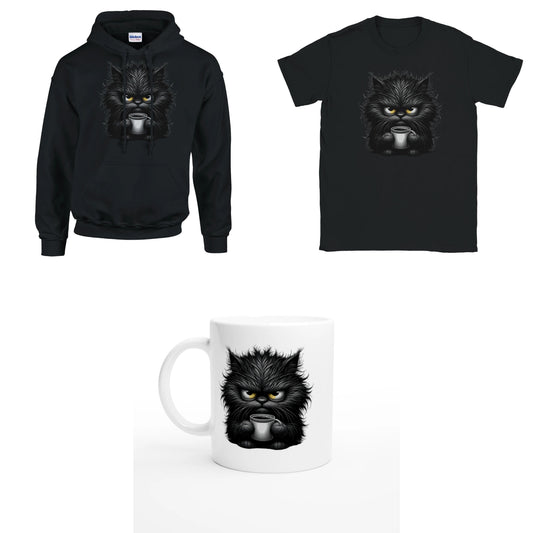 Bundle - Grantige Katze mit Kaffee - T-Shirt, Hoodie & Tasse