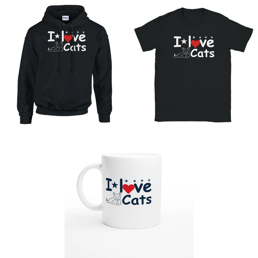Bundle - I love Cats - T-Shirt, Hoodie & Tasse