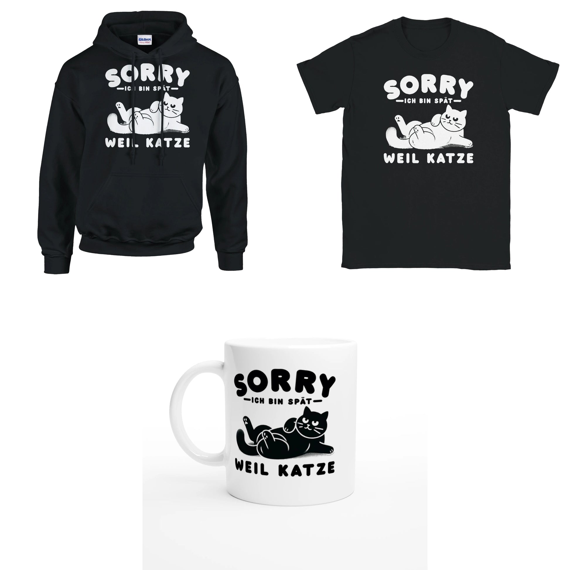 Bundle - Ich bin spät - Weil Katze - T-Shirt, Hoodie & Tasse