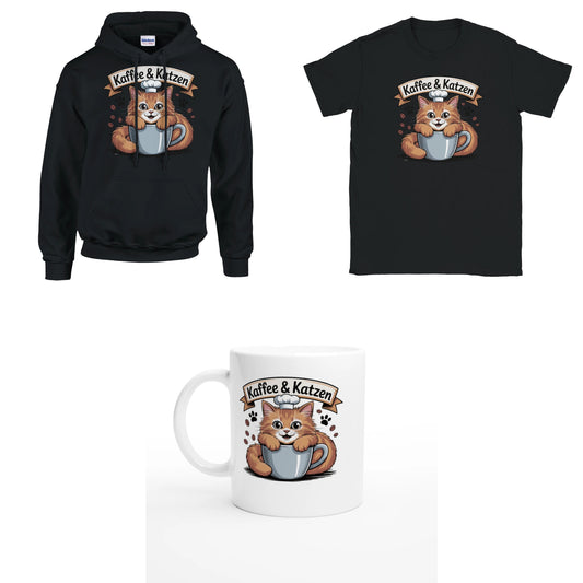 Bundle - Kaffee und Katzen - T-Shirt, Hoodie & Tasse