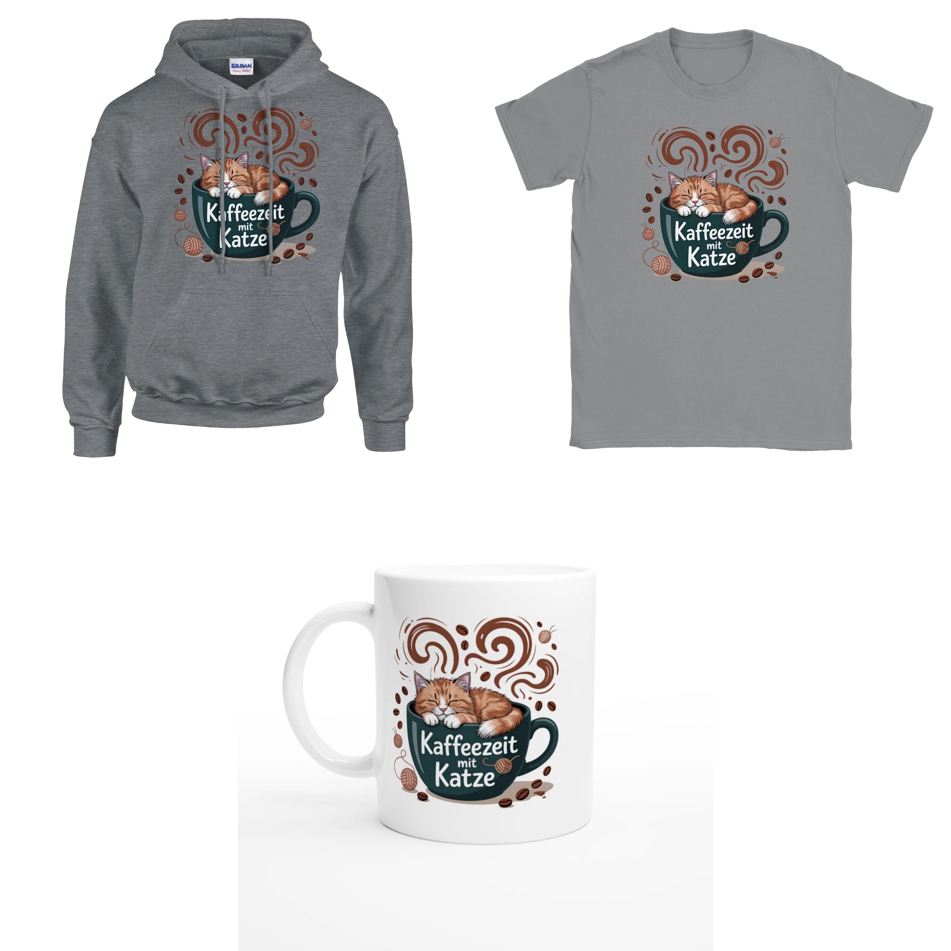 Bundle - Kaffeezeit mit Katze - T-Shirt, Hoodie & Tasse