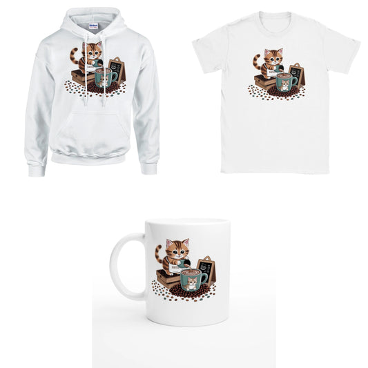 Bundle - Katze schenkt Kaffee aus - T-Shirt, Hoodie & Tasse