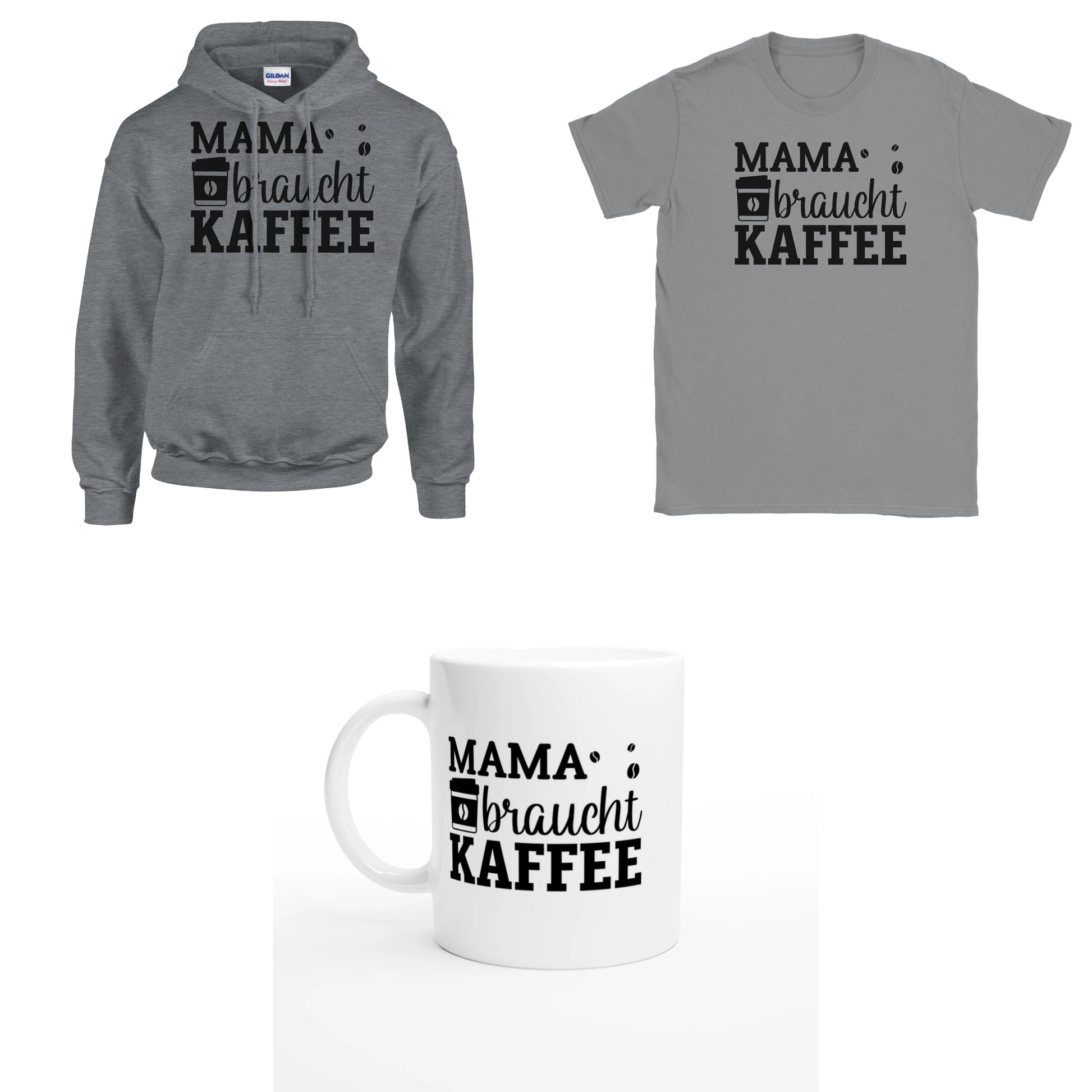 Bundle - Mama braucht Kaffee - T-Shirt, Hoodie & Tasse