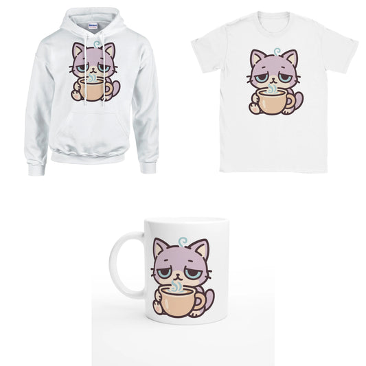 Bundle - Müde Katze mit Kaffee - T-Shirt, Hoodie & Tasse