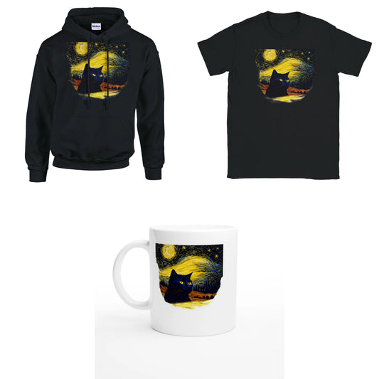 Bundle - Schwarze Katze im Abendhimmel - T-Shirt, Hoodie & Tasse