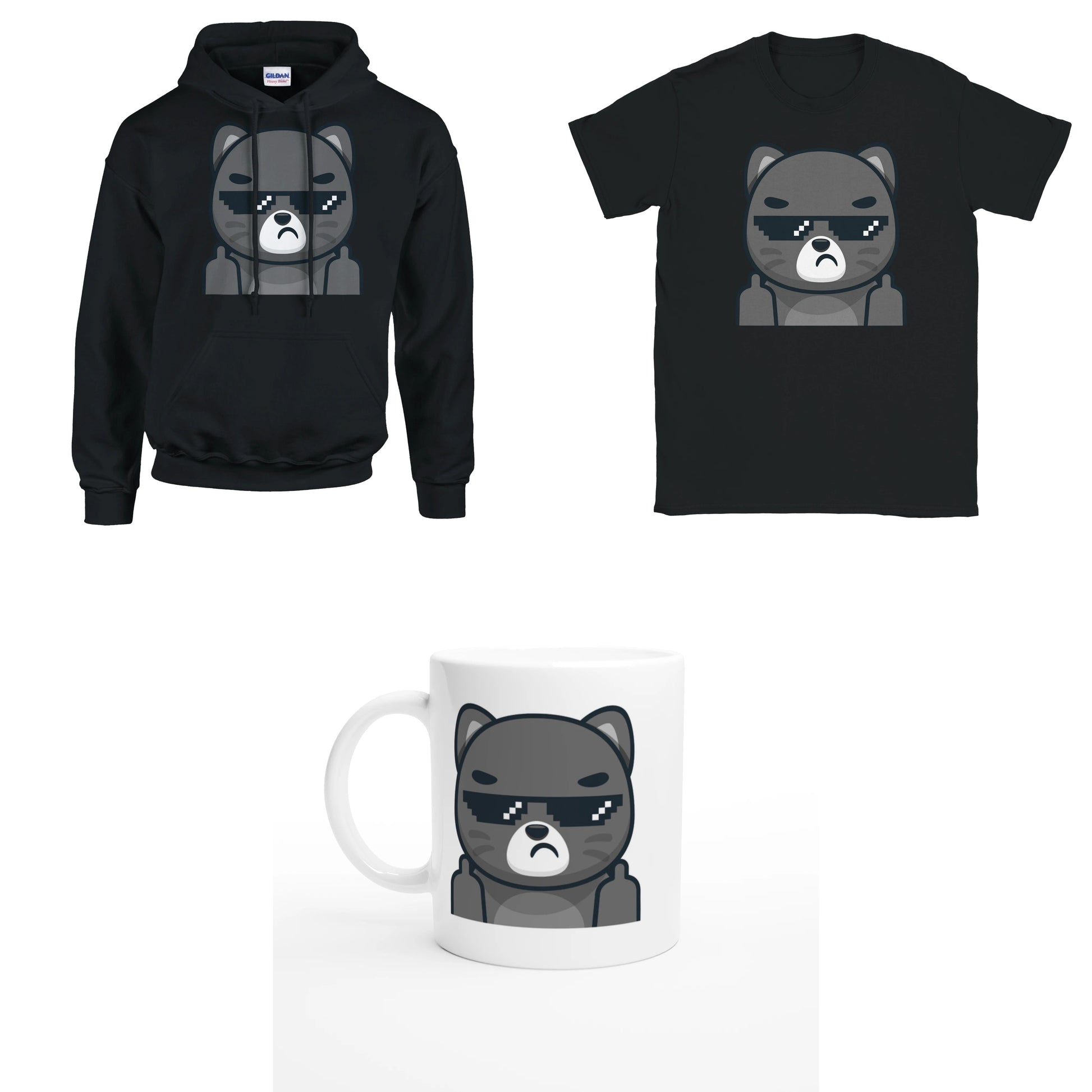 Bundle - Schwarze Katze mit Brille Mittelfinger - T-Shirt, Hoodie & Tasse