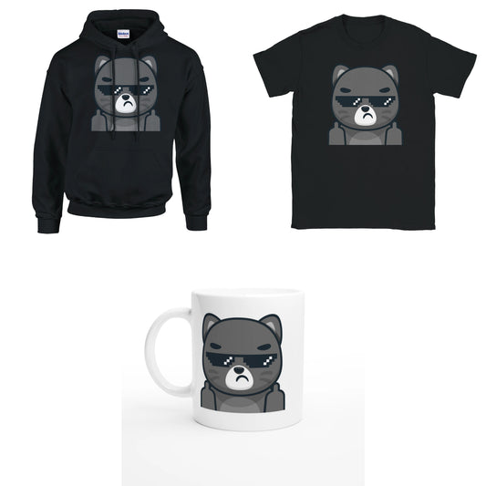 Bundle - Schwarze Katze mit Brille Mittelfinger - T-Shirt, Hoodie & Tasse