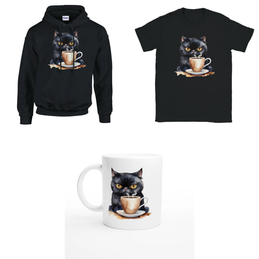 Bundle - Schwarze Katze mit Kaffee - T-Shirt, Hoodie & Tasse