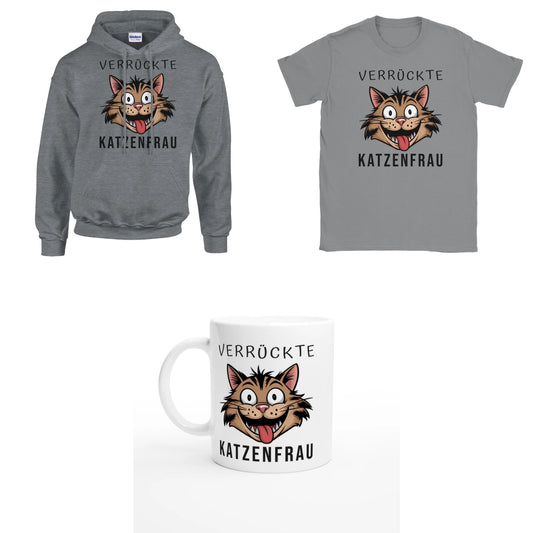 Bundle - Verrückte Katzenfrau - T-Shirt, Hoodie & Tasse