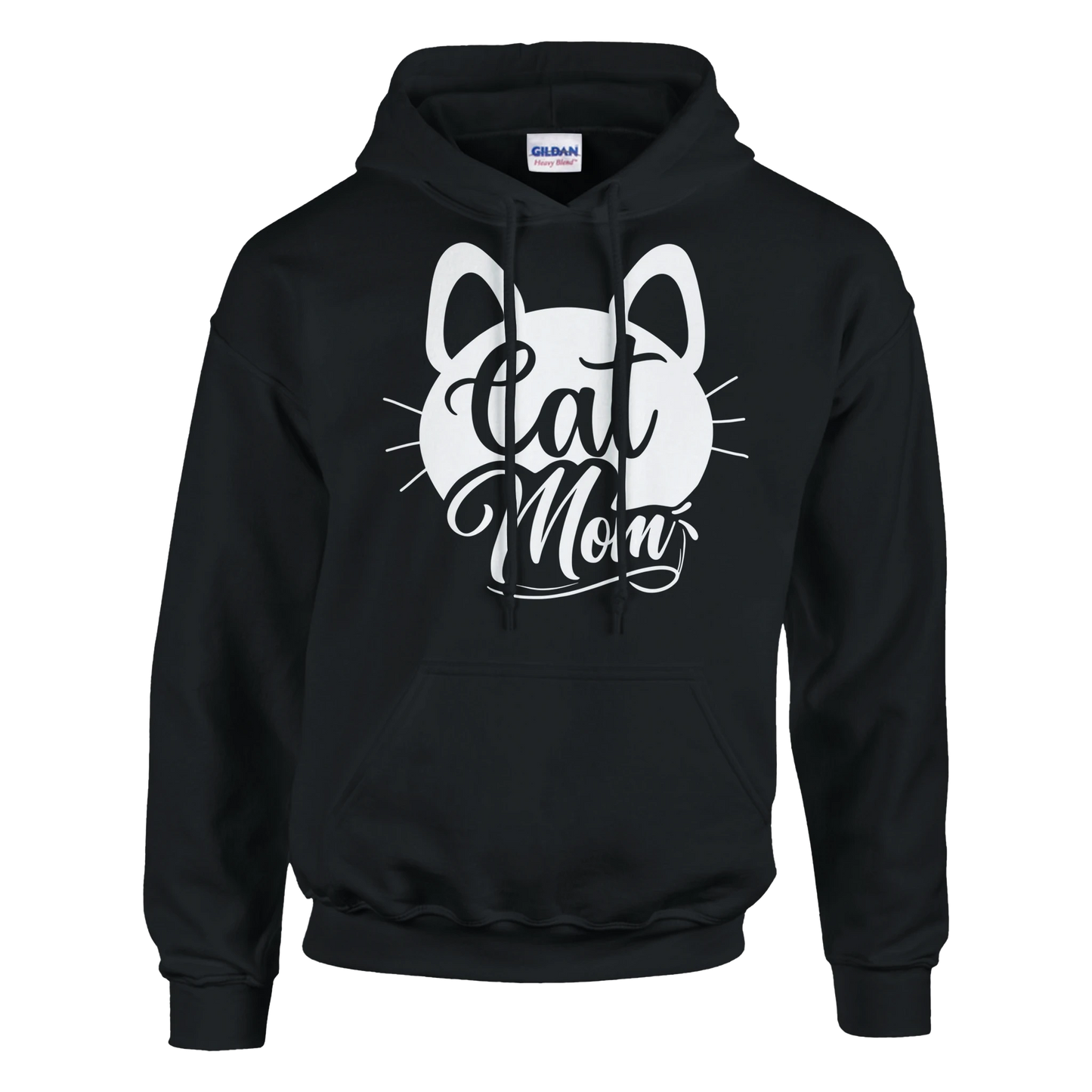 Schwarzer "Cat Mom schnurr - Hoodie" aus weicher Baumwolle mit weißem Aufdruck, verziert mit niedlichen Katzenohren und Schnurrhaaren auf der Vorderseite.