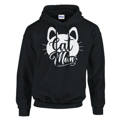Schwarzer "Cat Mom schnurr - Hoodie" aus weicher Baumwolle mit weißem Aufdruck, verziert mit niedlichen Katzenohren und Schnurrhaaren auf der Vorderseite.