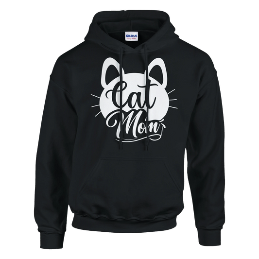 Schwarzer "Cat Mom schnurr - Hoodie" aus weicher Baumwolle mit weißem Aufdruck, verziert mit niedlichen Katzenohren und Schnurrhaaren auf der Vorderseite.