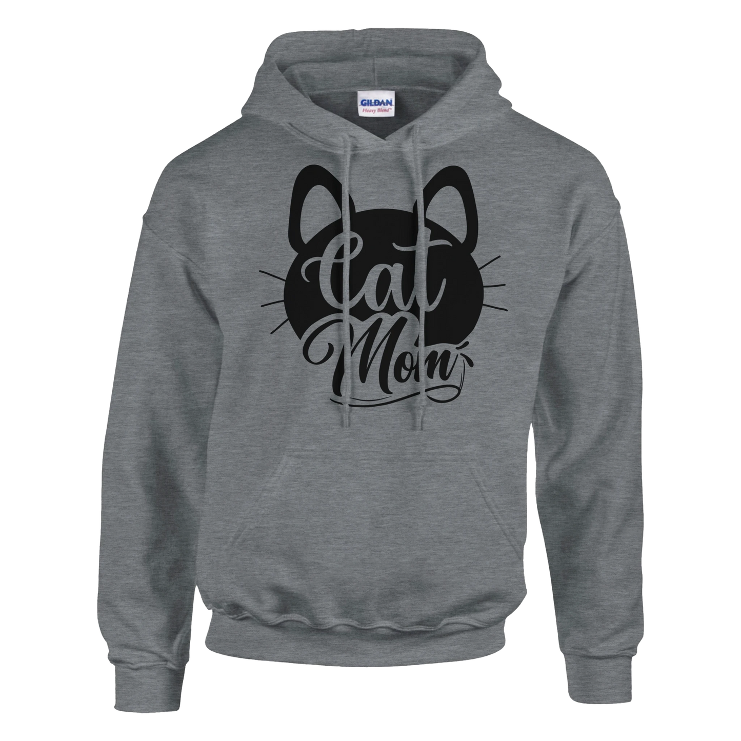 Mach es dir gemütlich mit dem Cat Mom schnurr - Hoodie, einem grauen Kapuzenpullover aus weicher Baumwolle mit schwarzem Katzen-Gesicht und "Cat Mom" Schriftzug in eleganter Schreibschrift auf der Vorderseite.