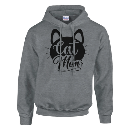 Mach es dir gemütlich mit dem Cat Mom schnurr - Hoodie, einem grauen Kapuzenpullover aus weicher Baumwolle mit schwarzem Katzen-Gesicht und "Cat Mom" Schriftzug in eleganter Schreibschrift auf der Vorderseite.