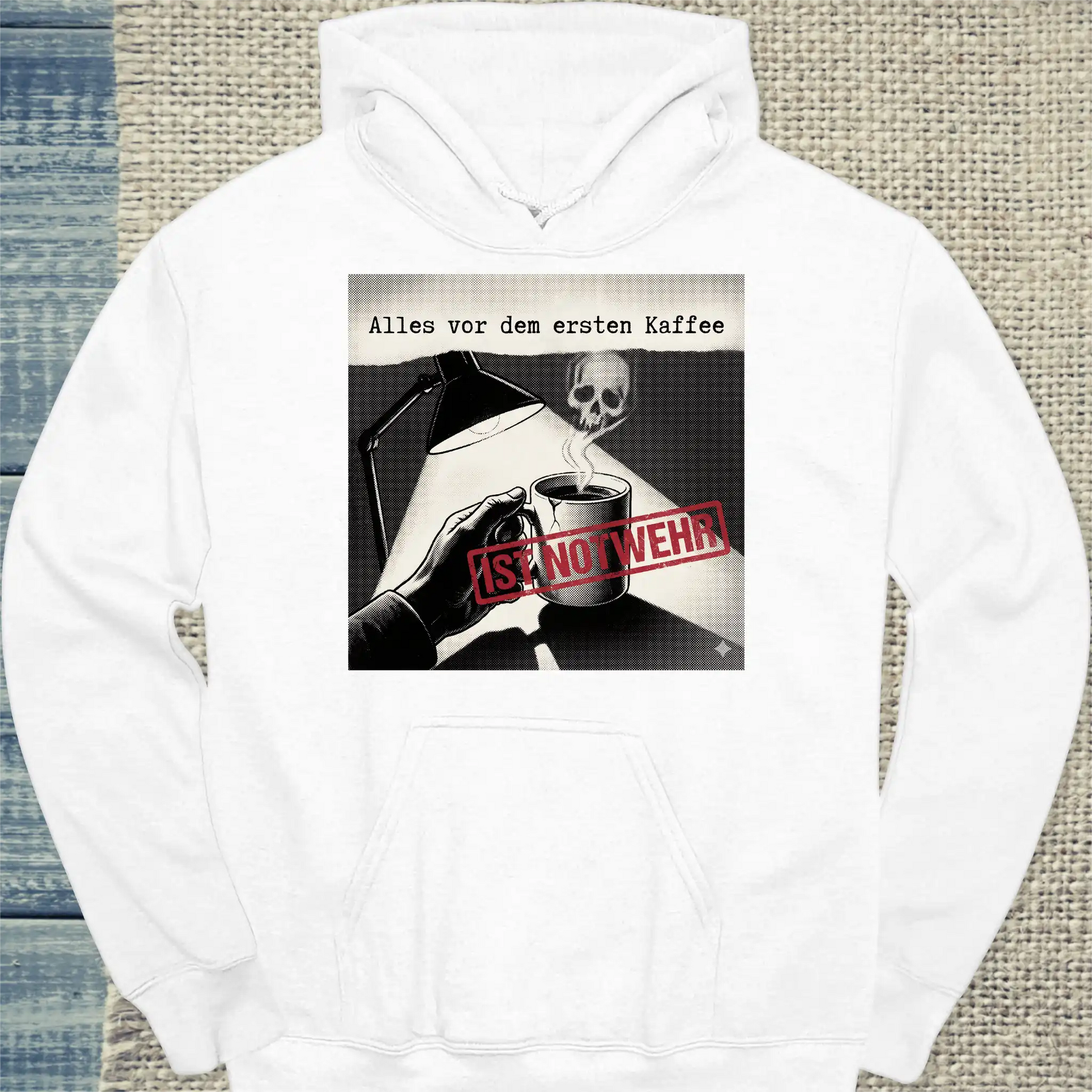 Hoodie - Alles vor dem ersten Kaffee ist Notwehr - Unisex - Katze, Kaffee Weiß