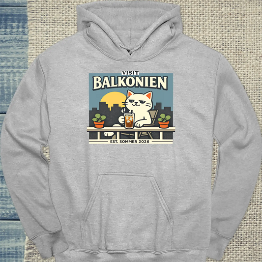 Hoodie - Balkonien - Unisex - Katze & Kaffee, Sommer Grau