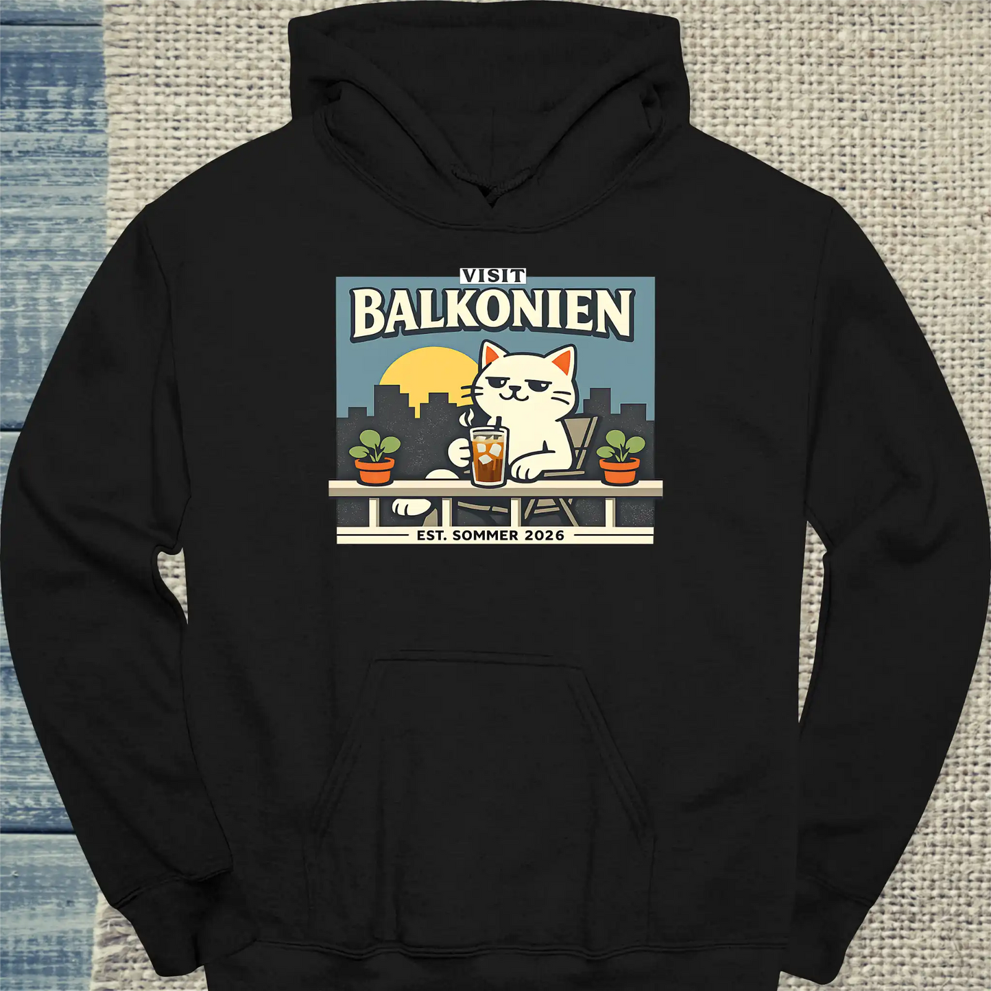 Hoodie - Balkonien - Unisex - Katze & Kaffee, Sommer Schwarz