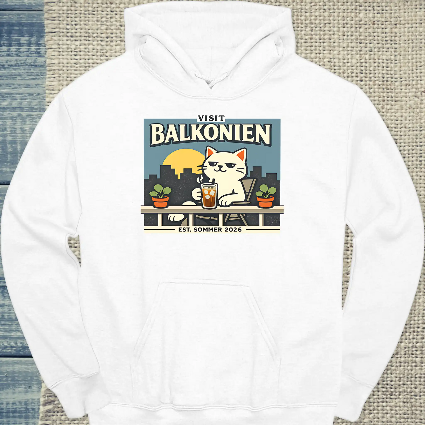 Hoodie - Balkonien - Unisex - Katze & Kaffee, Sommer Weiß