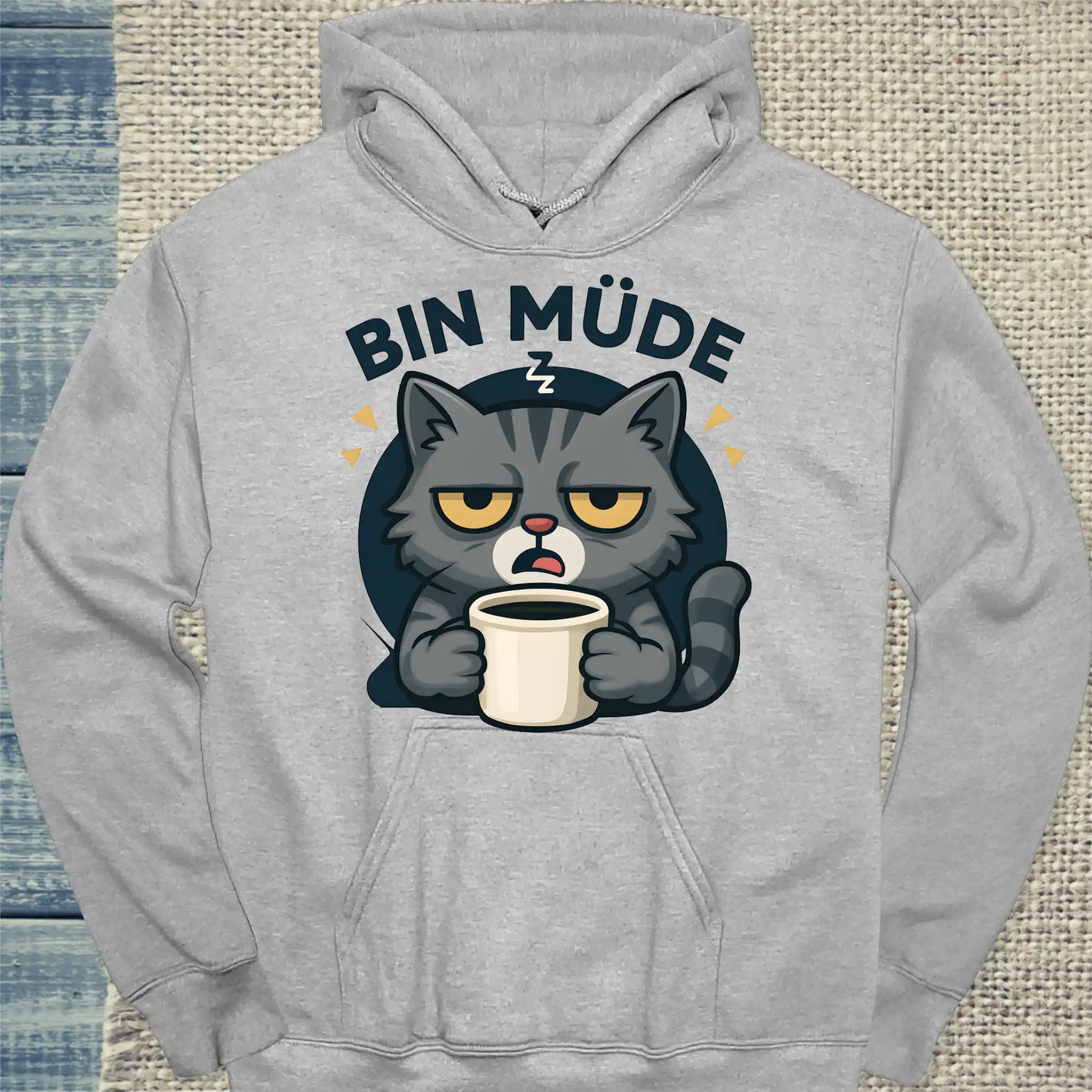 Hoodie - Bin Müde - Unisex - Katze & Kaffee Grau