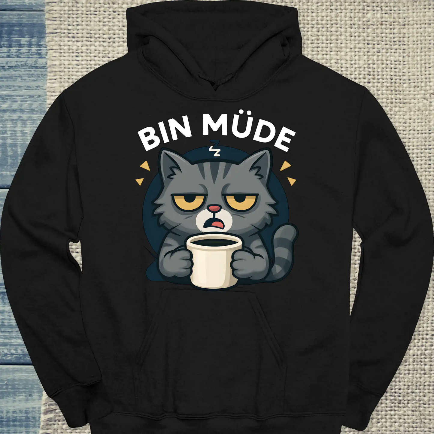 Hoodie - Bin Müde - Unisex - Katze & Kaffee Schwarz