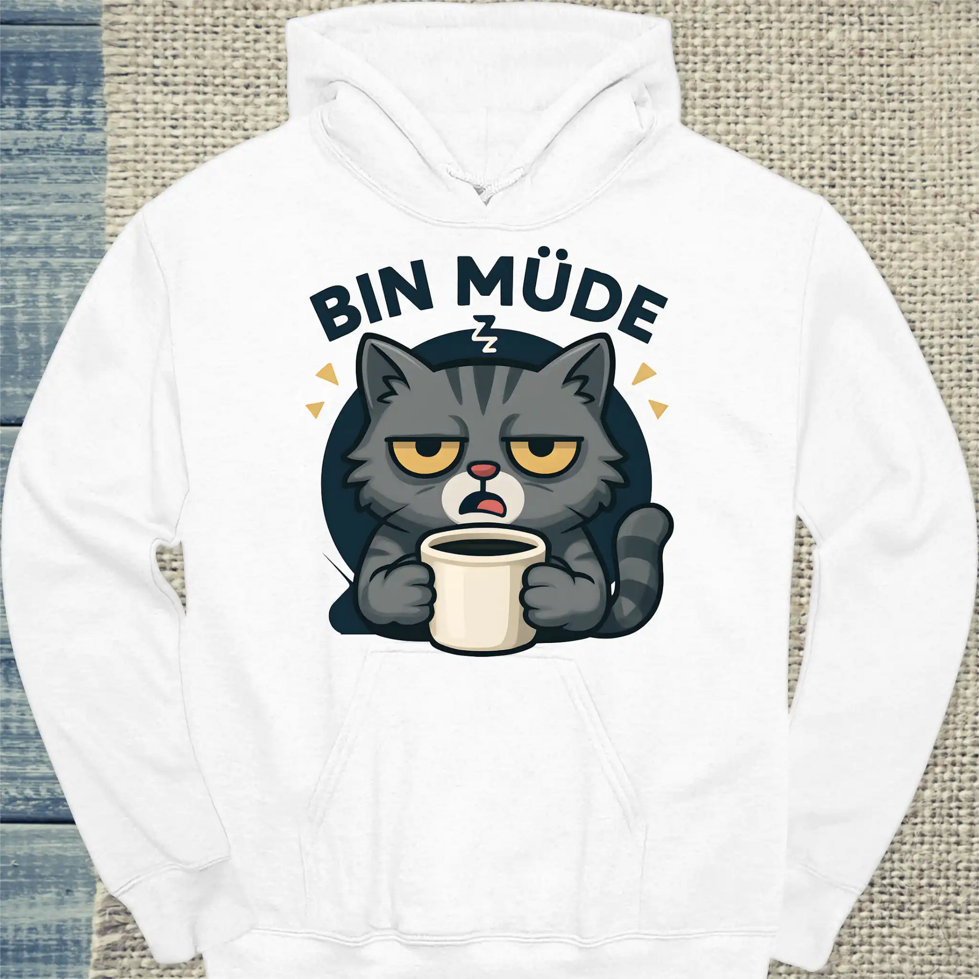 Hoodie - Bin Müde - Unisex - Katze & Kaffee Weiß