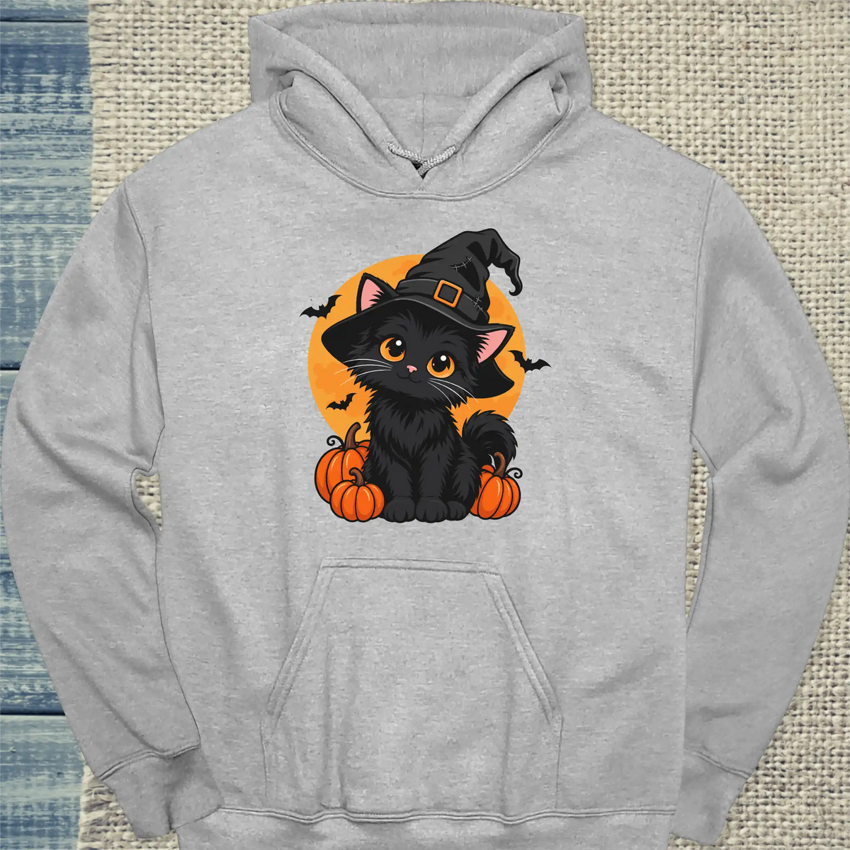 Hoodie - Black Cat And Pumpkins - Unisex - Katze, Halloween Grau