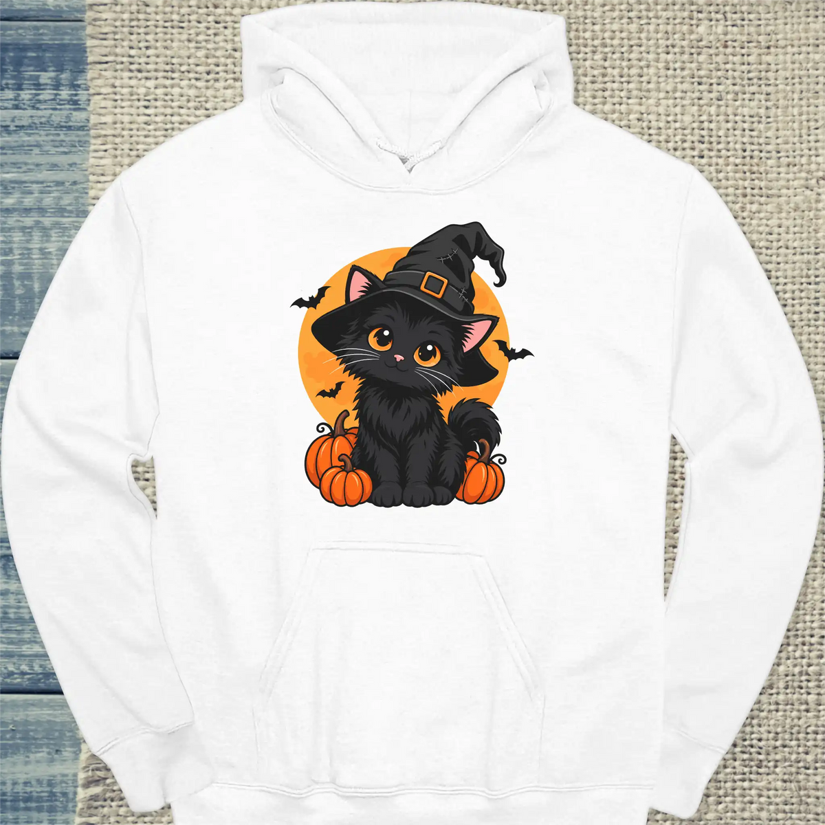 Hoodie - Black Cat And Pumpkins - Unisex - Katze, Halloween Weiß