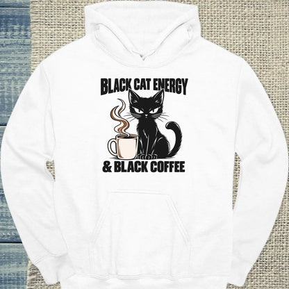 Hoodie - Black Cat Energy - Unisex - Katze & Kaffee Weiß
