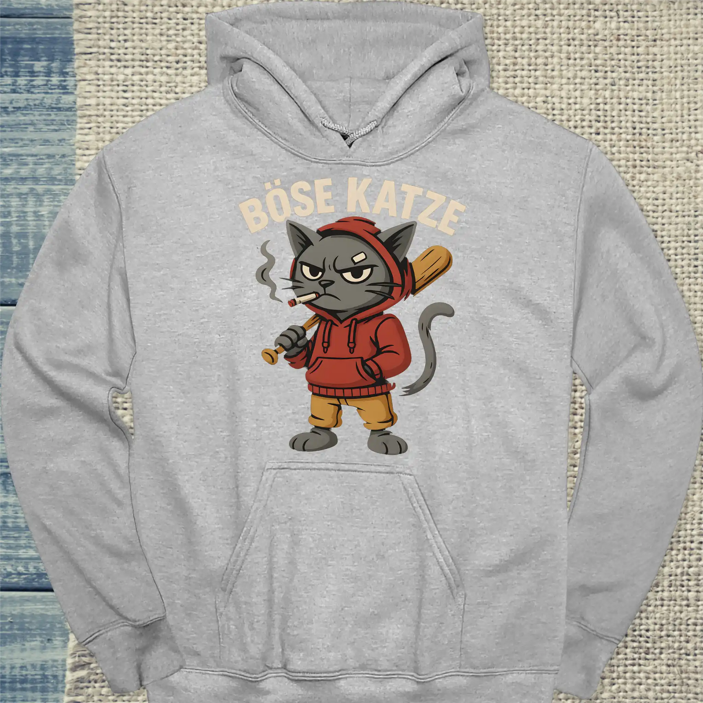 Hoodie - Böse Katze mit Baseballschläger - Unisex - Katze Grau