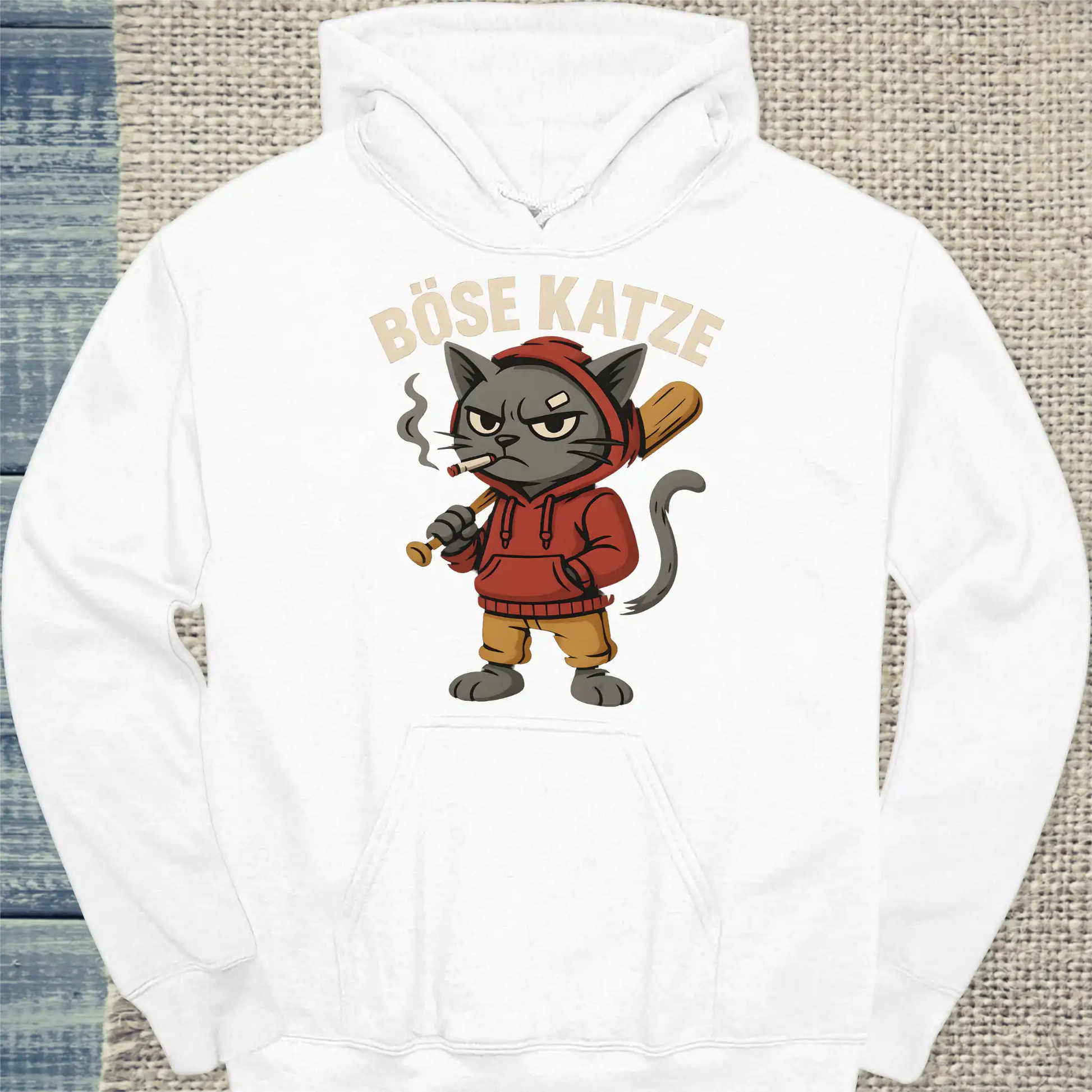 Hoodie - Böse Katze mit Baseballschläger - Unisex - Katze Weiß