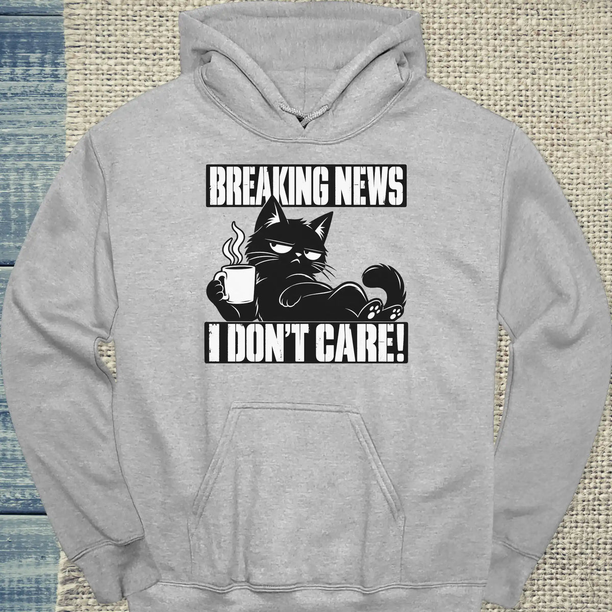 Hoodie - Breaking News I don’t care - Unisex - Katze & Kaffee Grau