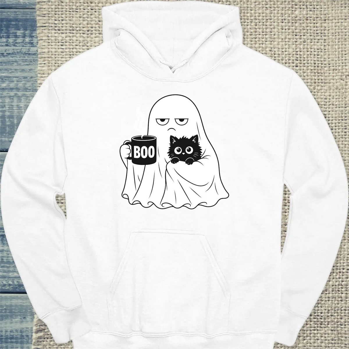 Hoodie - Buu - Unisex - Katze & Kaffee, Halloween Weiß