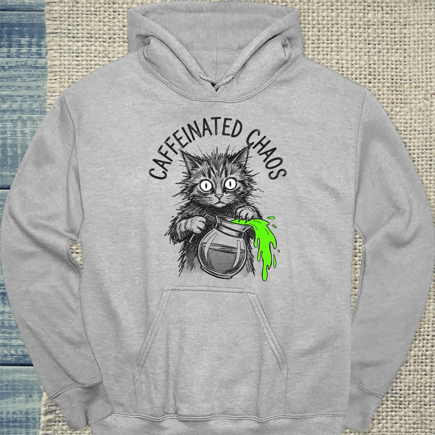 Hoodie - CAFFEINATED CHAOS - Unisex - Katze & Kaffee Grau