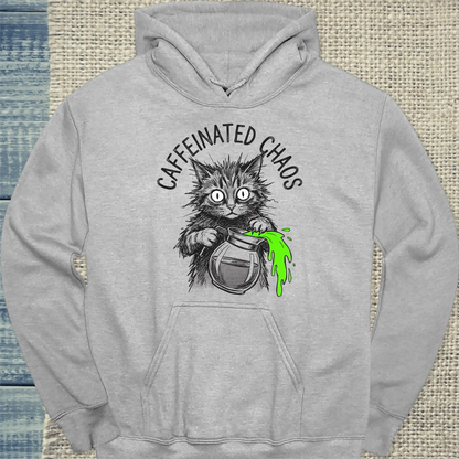 Hoodie - CAFFEINATED CHAOS - Unisex - Katze & Kaffee Grau