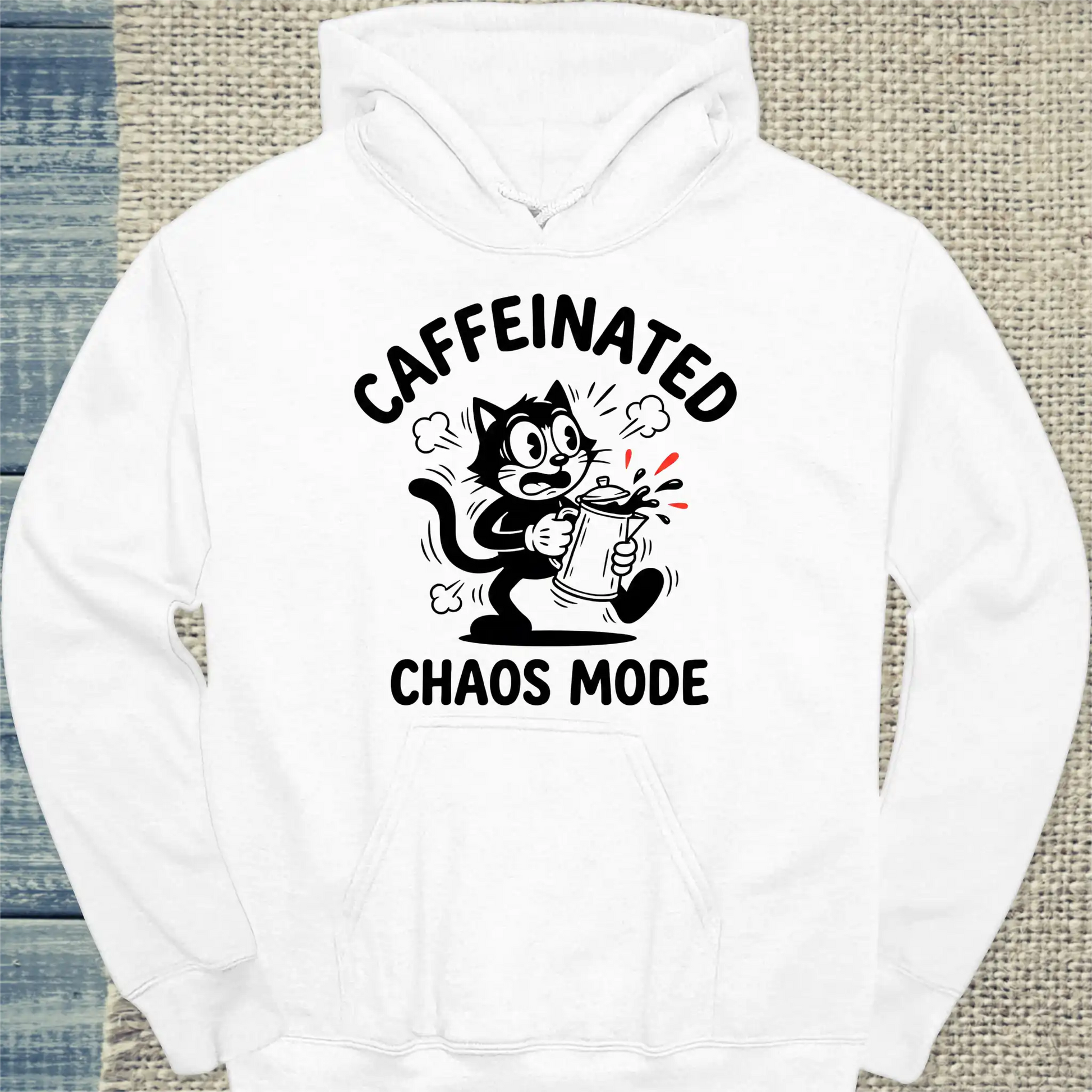 Hoodie - CAFFEINATED CHAOS - Unisex - Katze & Kaffee Weiß