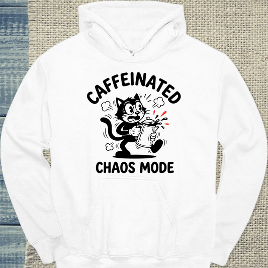 Hoodie - CAFFEINATED CHAOS - Unisex - Katze & Kaffee Weiß